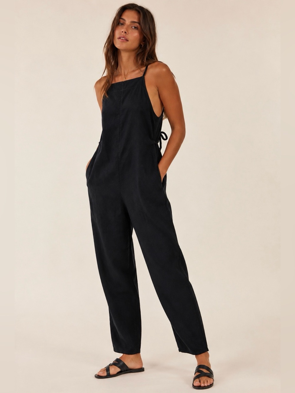 Zara Black Cotton Linen Tie Waist Jumpsuit M Minimalist Utility